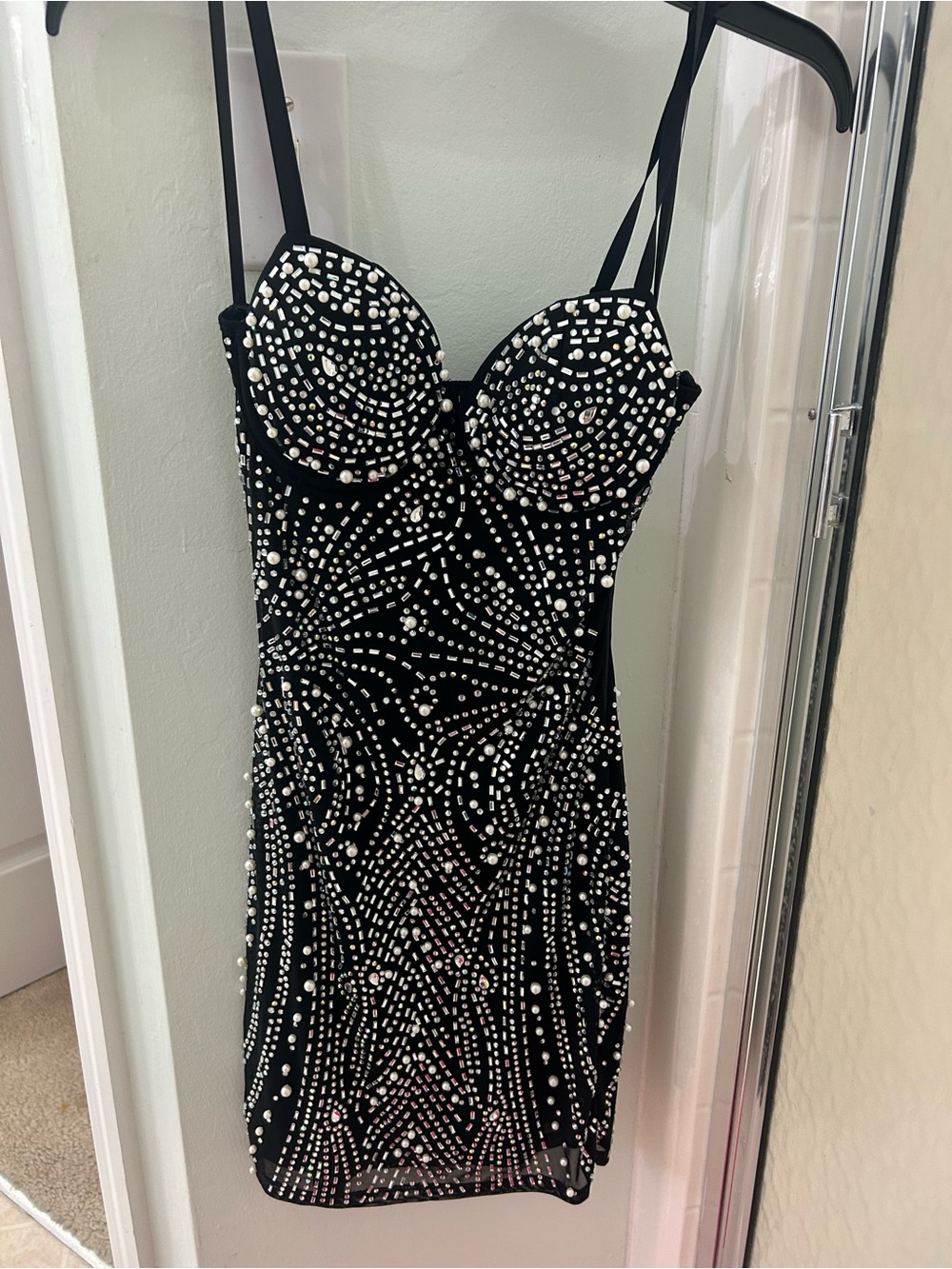 Windsor Black Mini Dress with Pearl & Stud Embellishments